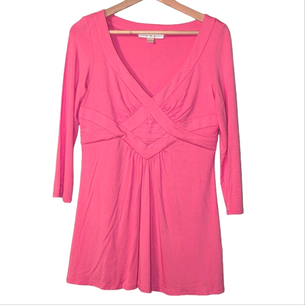 Boston Proper 3/4 Sleeve Ruched V Neck Pink Babydoll Stretch Blouse Top